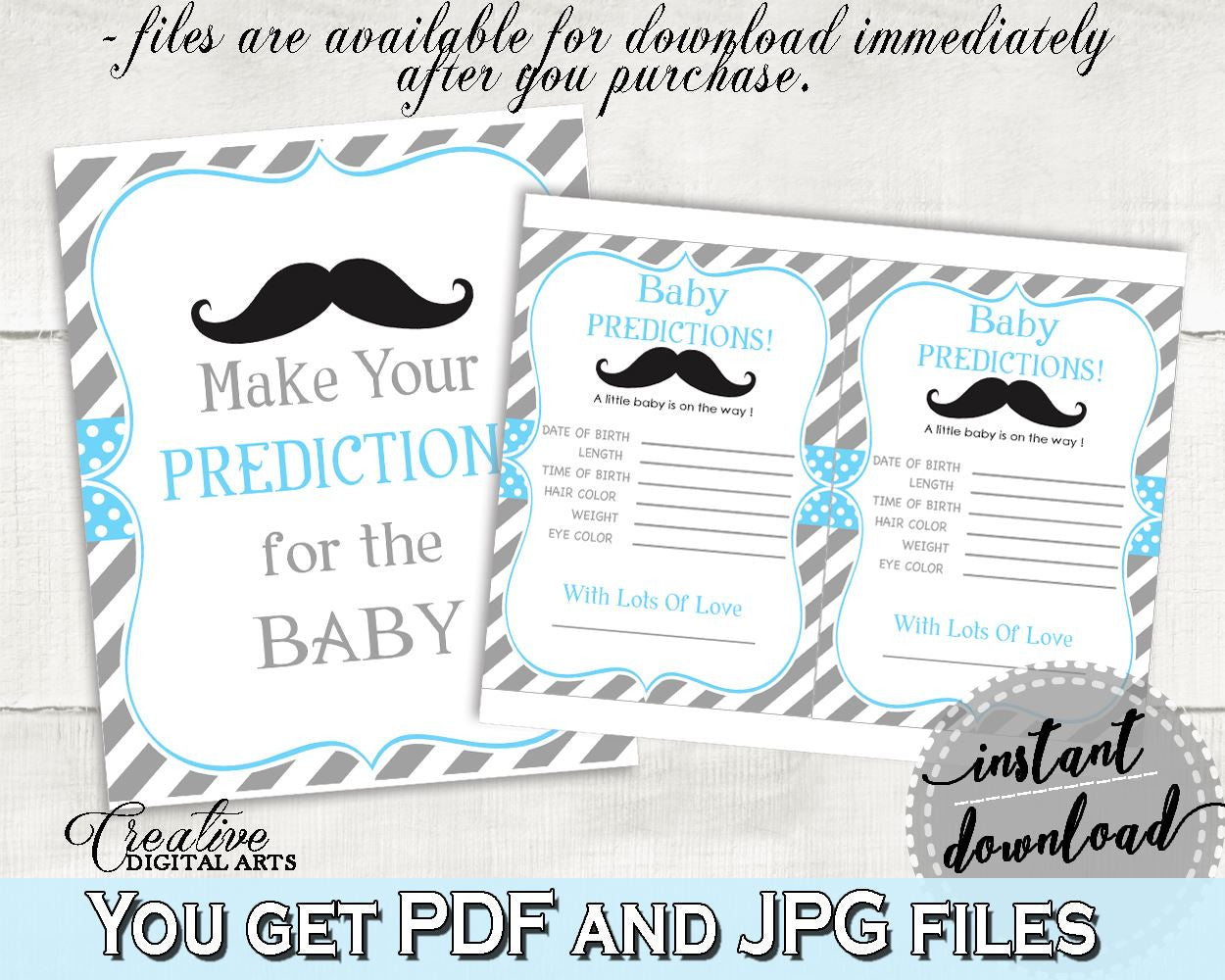 Baby Predictions, Baby Shower Baby Predictions, Mustache Baby Shower Baby Predictions, Baby Shower Mustache Baby Predictions Blue Gray 9P2QW - Digital Product