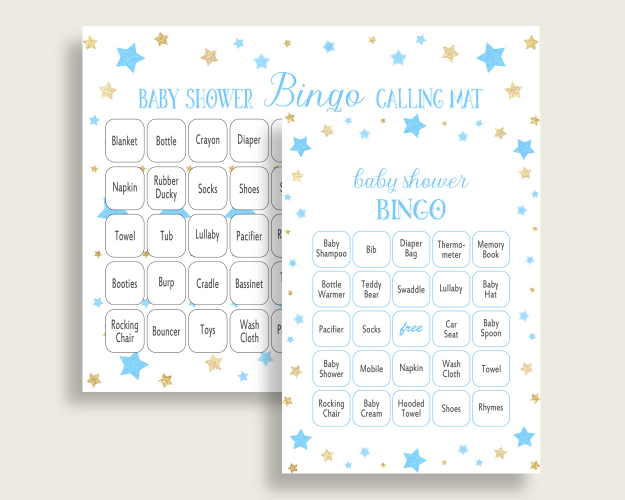 Stars Baby Shower Bingo Cards Printable, Blue Gold Baby Shower Boy, 60 Prefilled Bingo Game Cards, Little Star Moon Glitter Stars bsr01