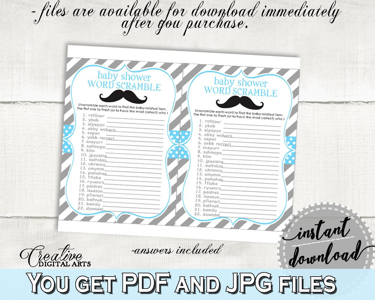 Word Scramble, Baby Shower Word Scramble, Mustache Baby Shower Word Scramble, Baby Shower Mustache Word Scramble Blue Gray prints, pdf 9P2QW - Digital Product