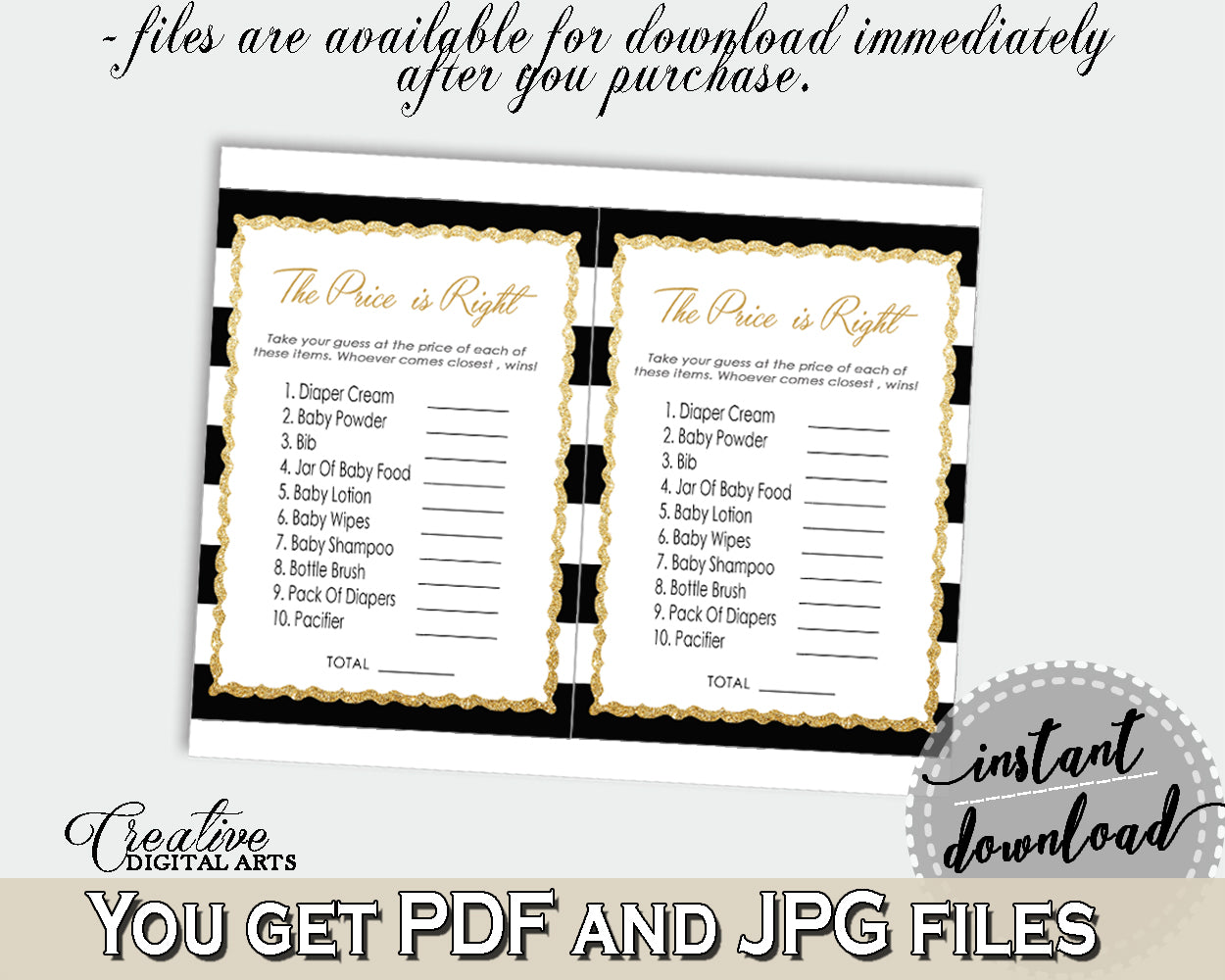 Baby Shower The PRICE IS RIGHT game with black white stripes color theme printable, digital files Jpg Pdf, instant download - bs001