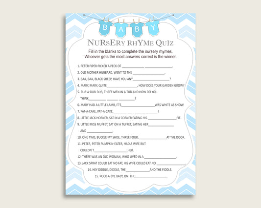 Chevron Nursery Rhyme Quiz Printable, Blue White Nursery Rhyme Game, Blue White Baby Shower Boy Activities, Instant Download, Popular cbl01