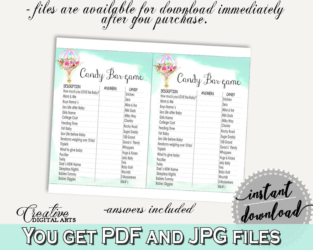 Candy Bar Game Baby Shower Candy Bar Game Hot Air Balloon Baby Shower Candy Bar Game Baby Shower Hot Air Balloon Candy Bar Game Green CSXIS - Digital Product