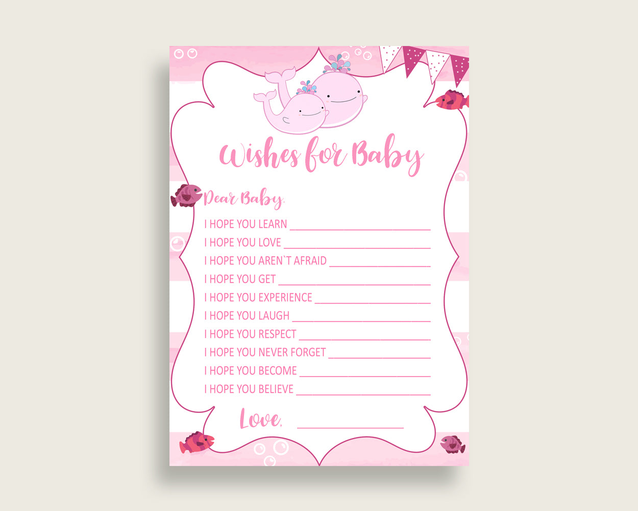 Pink White Wishes For Baby Cards & Sign, Pink Whale Baby Shower Girl Well Wishes Game Printable, Instant Download, Sea Animals wbl02