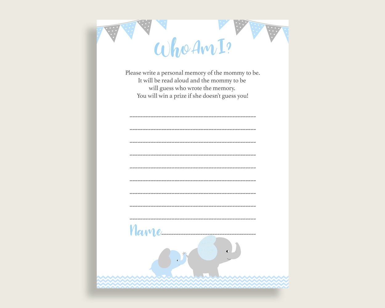 Elephant Who Am I Game Printable, Boy Baby Shower Memory With Mommy, Blue Grey Baby Shower Activity, Instant Download, Mammoth Trunk ebl02