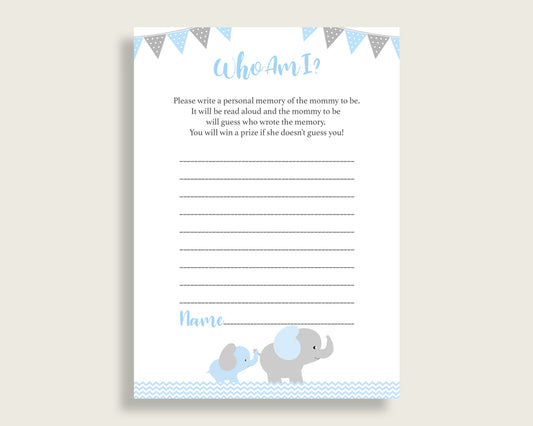 Elephant Who Am I Game Printable, Boy Baby Shower Memory With Mommy, Blue Grey Baby Shower Activity, Instant Download, Mammoth Trunk ebl02