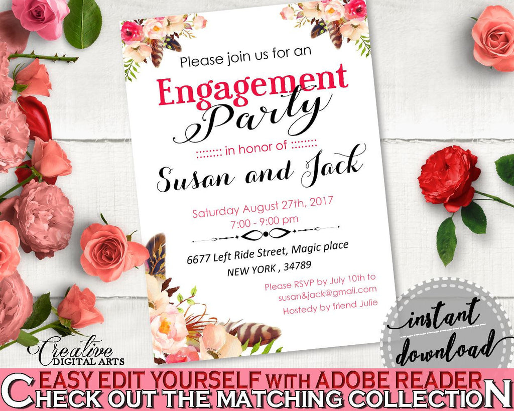 Engaged Invitation Editable in Bohemian Flowers Bridal Shower Pink And Red Theme, cheap invitation, boho chic, paper supplies - 06D7T - Digital Product