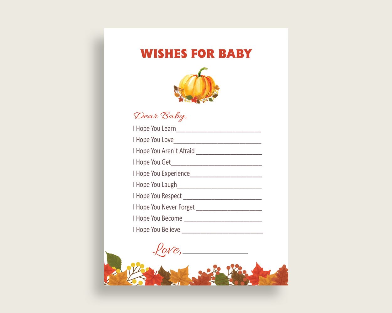 Wishes For Baby Baby Shower Wishes For Baby Fall Baby Shower Wishes For Baby Baby Shower Pumpkin Wishes For Baby Orange Brown prints BPK3D - Digital Product