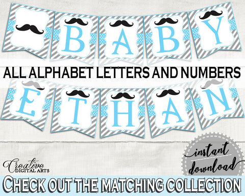 Banner Letters, Baby Shower Banner Letters, Mustache Baby Shower Banner Letters, Baby Shower Mustache Banner Letters Blue Gray - 9P2QW - Digital Product