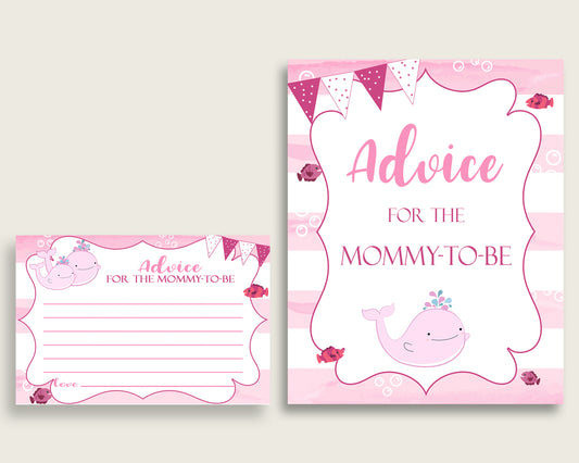 Pink Whale Advice For Mommy To Be Cards & Sign, Printable Baby Shower Pink White Advice For New Parents, Instant Download, Baby Whale wbl02