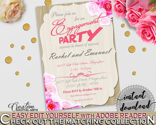 Pink And Beige Roses On Wood Bridal Shower Theme: Engagement Party Invitation Editable - we're engaged, party organizing, prints - B9MAI - Digital Product