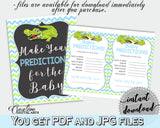 Baby PREDICTIONS sign and cards activity printable for baby shower with green alligator and blue color theme, instant download - ap002