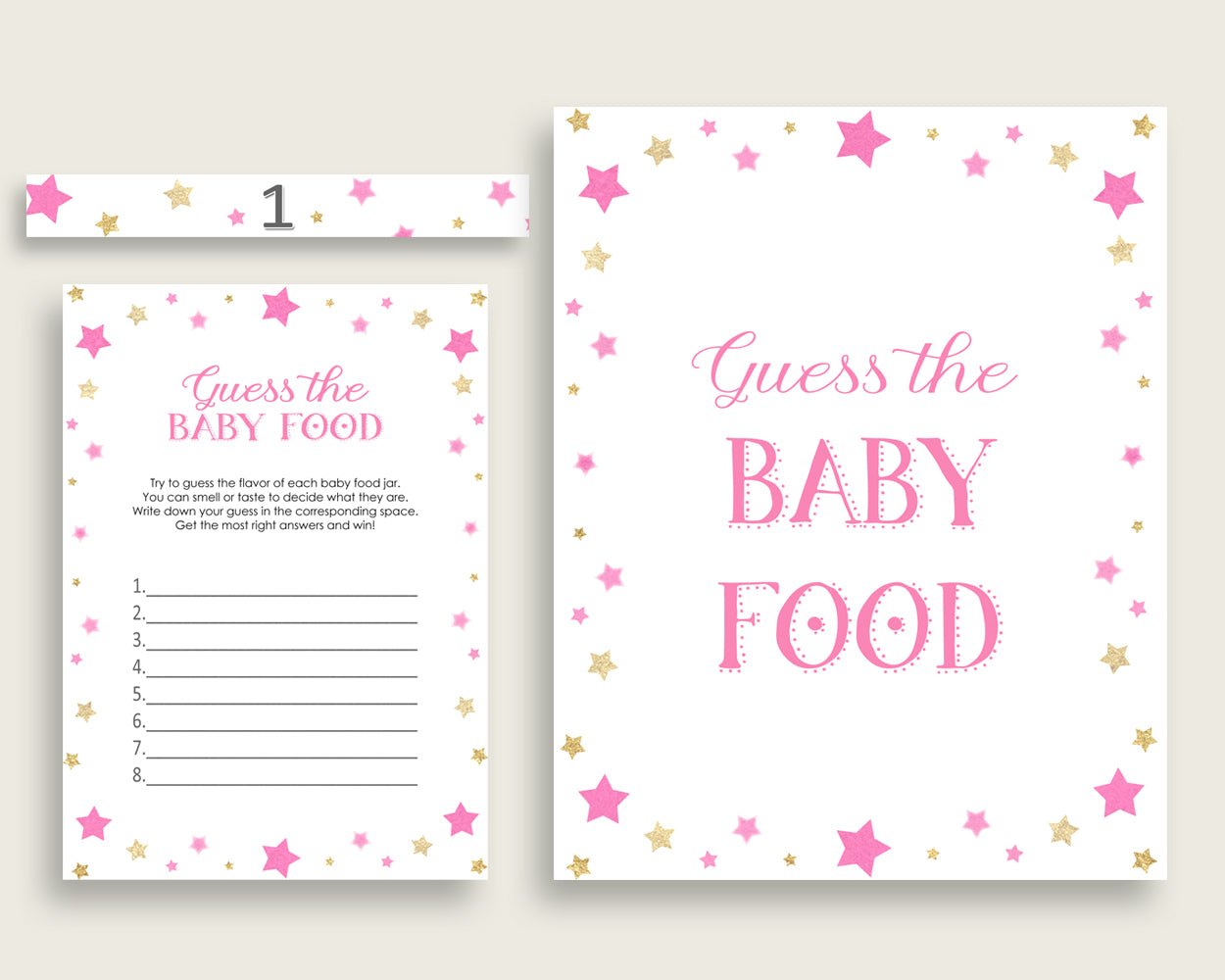 Pink Gold Twinkle Star Guess The Baby Food Game Printable, Girl Baby Shower Food Guessing Game Activity, Instant Download, Cute Stars bsg01