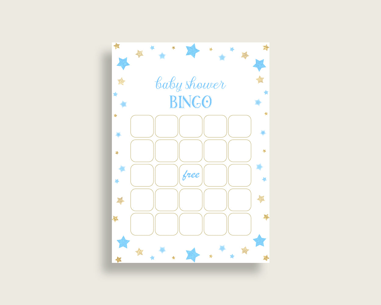 Stars Baby Shower Bingo Cards Printable, Blue Gold Baby Shower Boy, 60 Prefilled Bingo Game Cards, Little Star Moon Glitter Stars bsr01