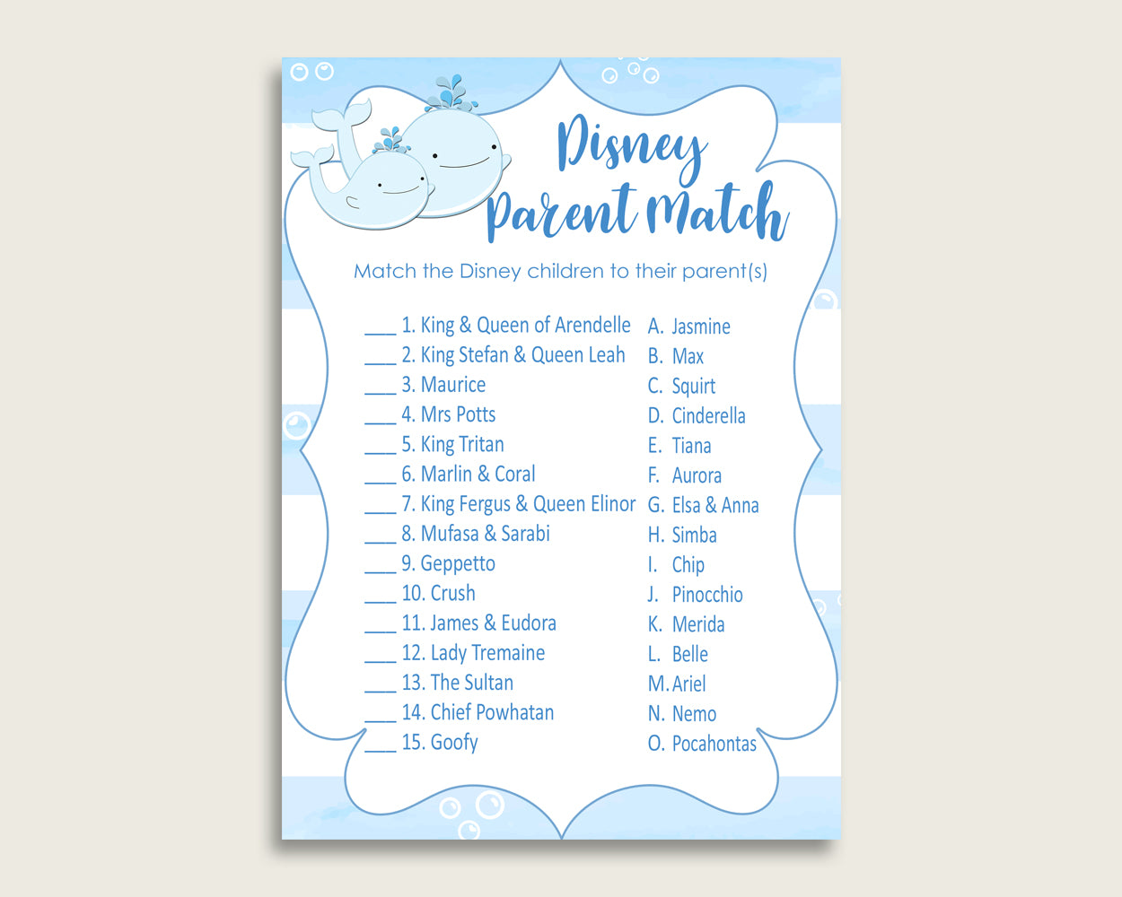 Whale Disney Parent Match Game, Boy Baby Shower Game, Blue White Match The Disney Parents Printable, Instant Download, Nautical Sea, wbl01