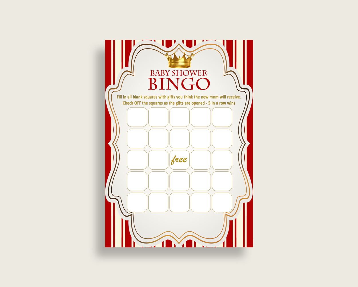 Prince Baby Shower Bingo Cards Printable, Red Gold Baby Shower Boy, 60 Prefilled Bingo Game Cards, Little Prince Most Popular Crown 92EDX