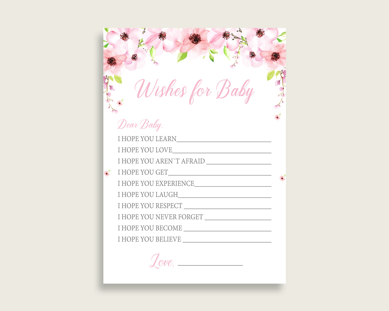 Pink Green Wishes For Baby Cards & Sign, Flower Blush Baby Shower Girl Well Wishes Game Printable, Instant Download, Watercolor VH1KL