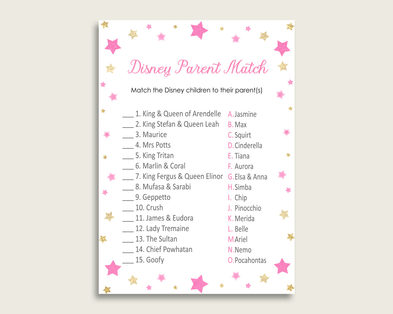 Twinkle Star Disney Parent Match Game, Girl Baby Shower Game, Pink Gold Match The Disney Parents Printable, Instant Download, bsg01