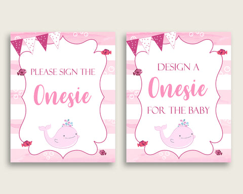 Pink White Please Sign The Onesie Sign and Design A Onesie Sign Printables, Pink Whale Girl Baby Shower Decor, Instant Download wbl02