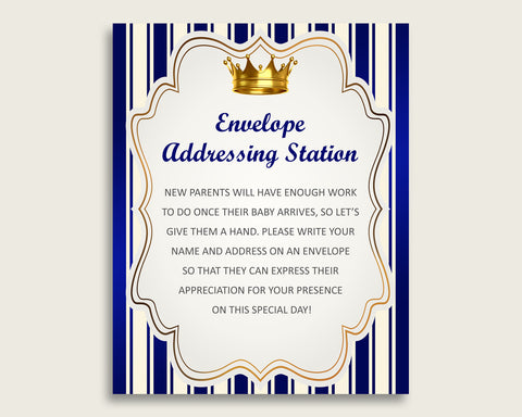 Blue Gold Baby Shower Address Sign Printable, Royal Prince Envelope Station Sign, Envelope Addressing Baby Shower Boy, King Crown rp001