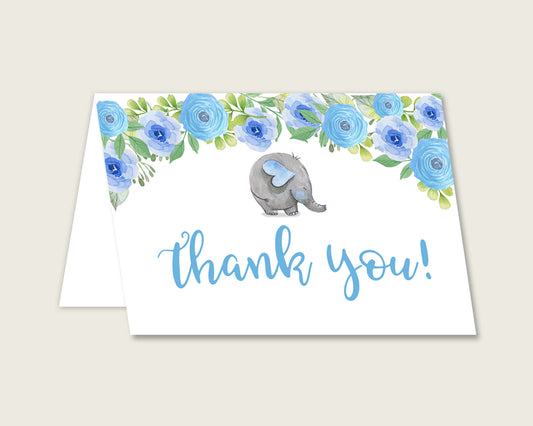 Blue Gray Thank You Cards Printable, Elephant Blue Baby Shower Thank You Notes, Boy Shower Thank You Folded, Instant Download, Flowers ebl01