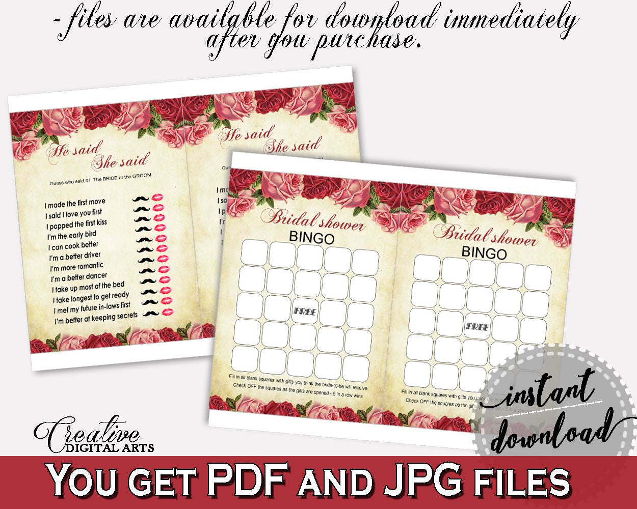 Games Bridal Shower Games Vintage Bridal Shower Games Bridal Shower Vintage Games Red Pink digital download, instant download, pdf XBJK2 - Digital Product