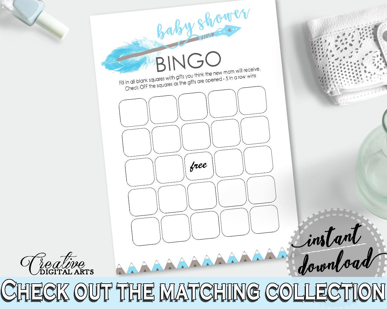 Empty Bingo Baby Shower Empty Bingo Aztec Baby Shower Empty Bingo Blue White Baby Shower Aztec Empty Bingo - QAQ18 - Digital Product