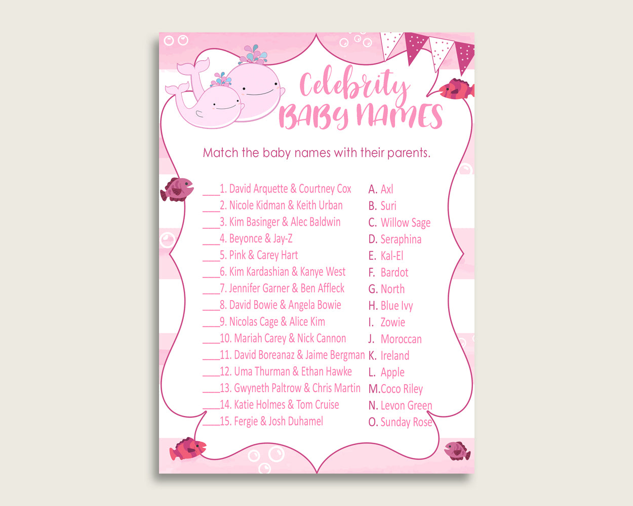 Pink White Celebrity Baby Names, Pink Whale Baby Shower Girl Name Game Printable, Celebrity Match Game, Famous Babies Game, Celebrity wbl02