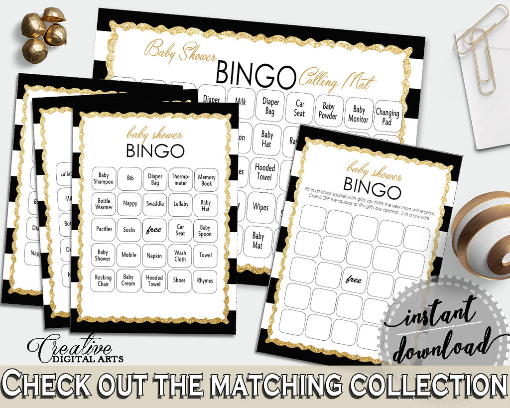 Baby Shower BINGO 60 cards game and empty gift BINGO cards with black white stripes color theme printable, instant download - bs001
