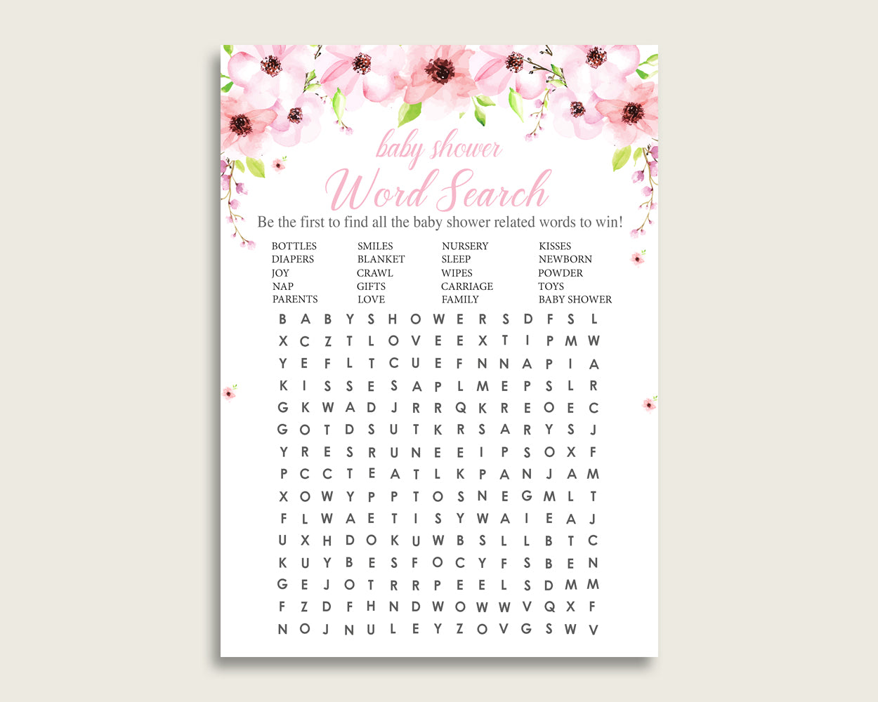 Flower Blush Word Search Game, Pink Green Baby Shower Word Search Cards Printable, Girl Baby Shower Activities, Hidden Words, Instant VH1KL