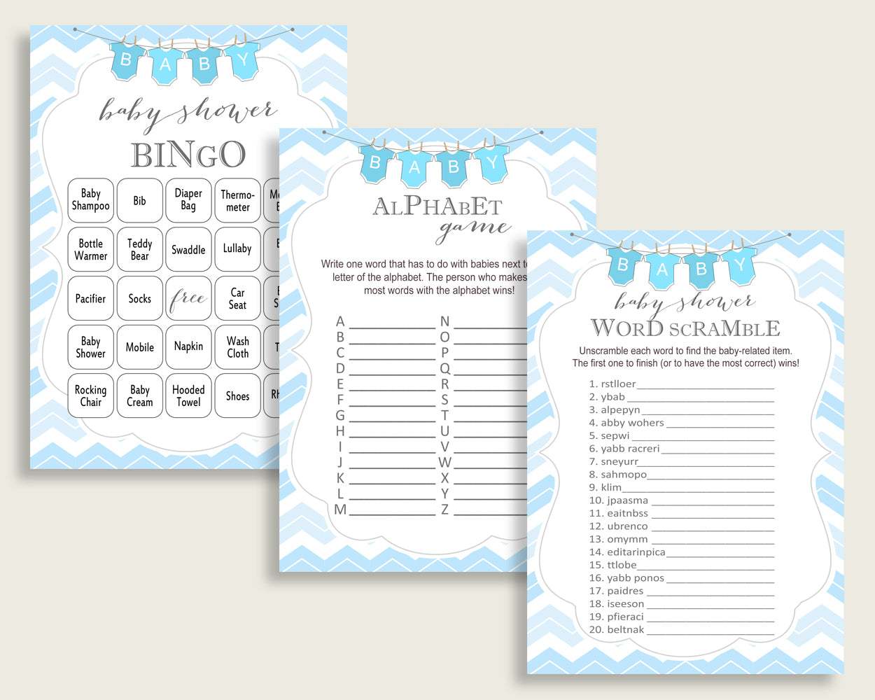 Chevron Baby Shower Games Printable Pack, Blue White Baby Shower Games Package Boy, Chevron Games Bundle Set, Instant Download, cbl01