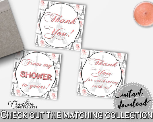 Paris Bridal Shower Thank You Tags Square in Pink And Gray, favour stickers, paris theme bridal, customizable files, party theme - NJAL9 - Digital Product