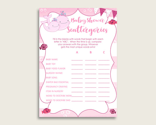 Scattergories Baby Shower Pink Whale Theme, Pink White Scattergories Game Printable, Girl Baby Shower Fun Activity, Popular wbl02