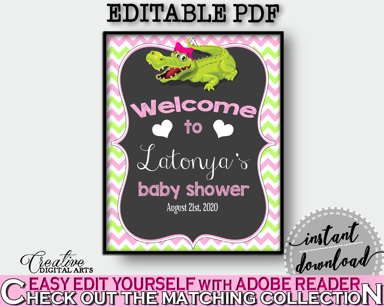 Baby Shower WELCOME sign editable with green alligator and pink color theme printable, digital files, pdf jpg, instant download - ap001