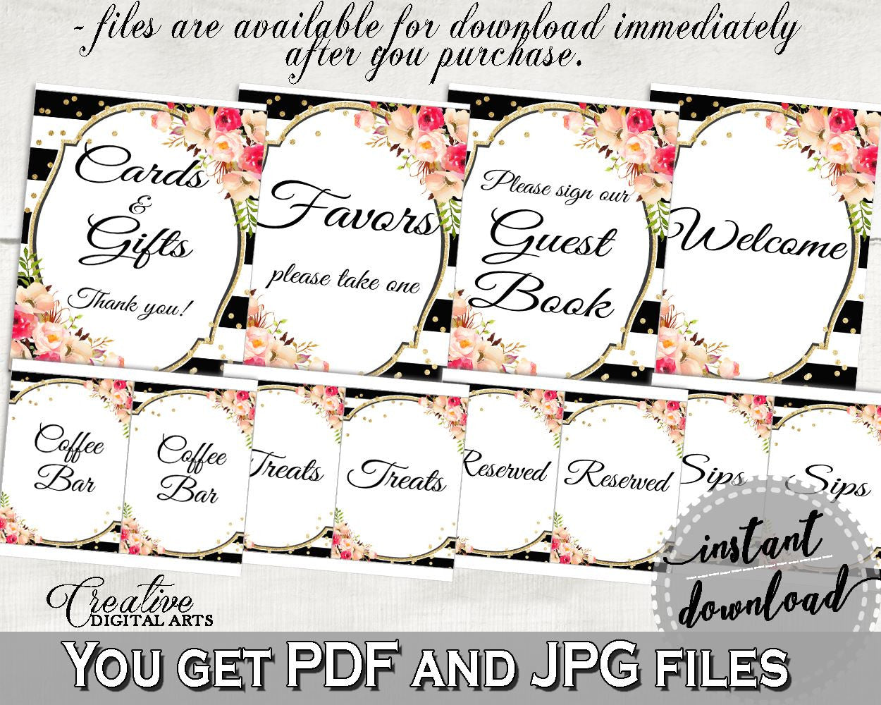 Flower Bouquet Black Stripes Bridal Shower Table Signs Bundle in Black And Gold, please take a treat, floral theme, shower activity - QMK20 - Digital Product