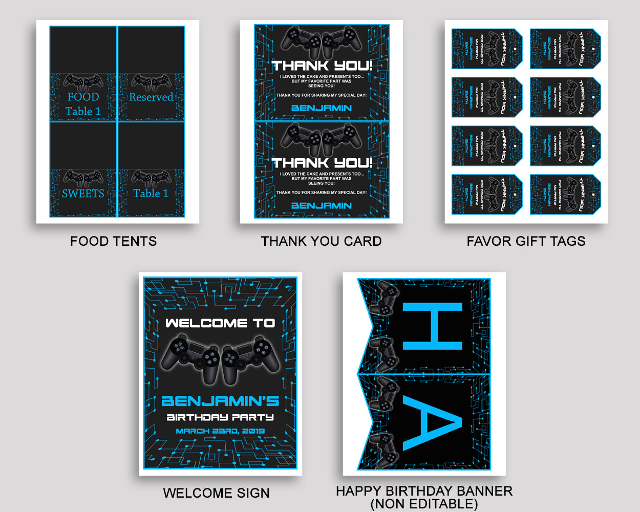 Video Game Birthday Party Package, Video Game Decorations Editable Set Black Blue, Party Package Printable Boy 5IAY6