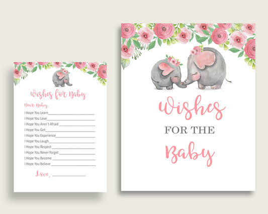 Pink Grey Wishes For Baby Cards & Sign, Pink Elephant Baby Shower Girl Well Wishes Game Printable, Instant Download, Botanical Garden ep001