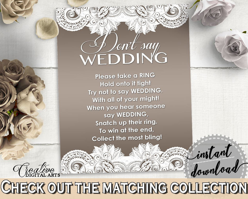 Brown And Silver Traditional Lace Bridal Shower Theme: Don't Say Wedding Game - bling ring, bridal filigree, party organization - Z2DRE - Digital Product