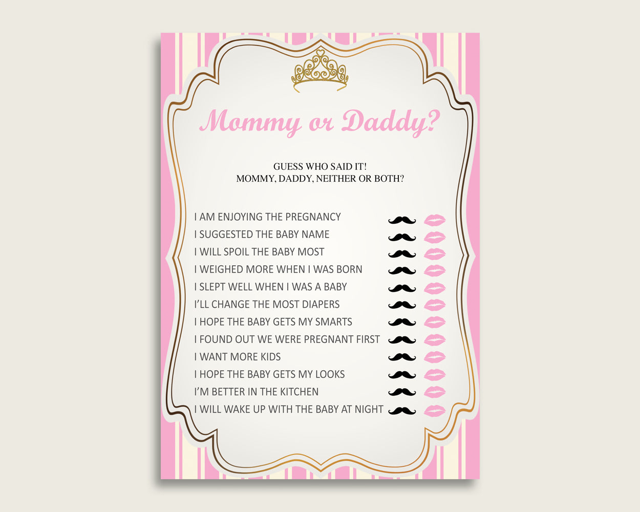 Pink Gold Mommy Or Daddy Baby Shower Girl Game Printable, Royal Princess Guess Who Said It, He Said She Said, Instant Download, rp002