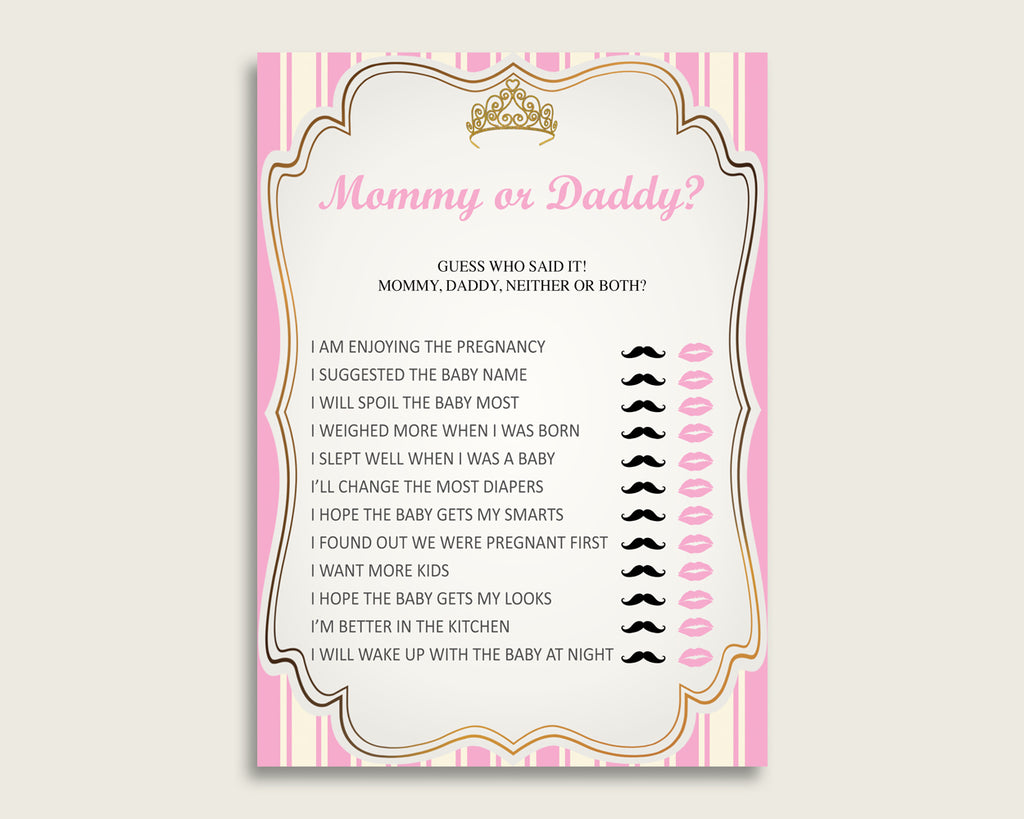 Pink Gold Mommy Or Daddy Baby Shower Girl Game Printable, Royal Princess Guess Who Said It, He Said She Said, Instant Download, rp002