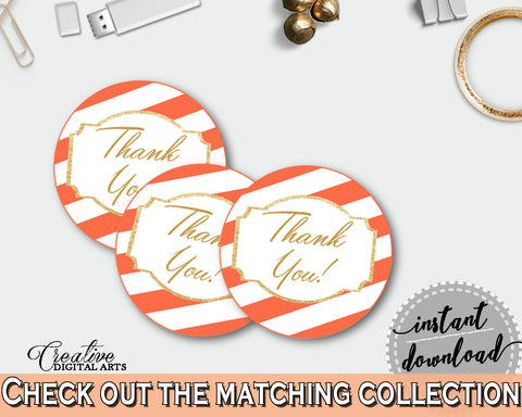 Baby shower Party THANK YOU round tag or sticker printable in orange white stripes theme, gender neutral, digital, instant download - bs003