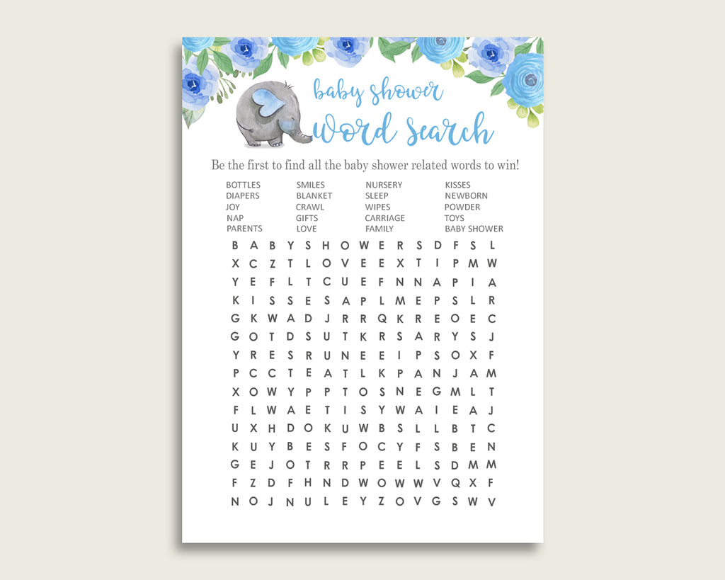 Elephant Blue Word Search Game, Blue Gray Baby Shower Word Search Cards Printable, Boy Baby Shower Activities, Hidden Words, Instant ebl01