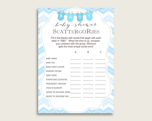 Scattergories Baby Shower Chevron Theme, Blue White Scattergories Game Printable, Boy Baby Shower Fun Activity, Popular Light Blue cbl01