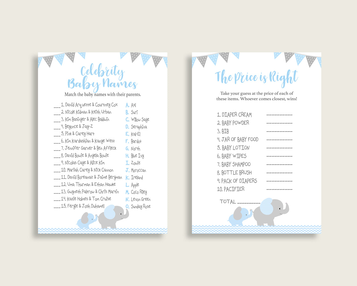 Elephant Baby Shower Games Printable Pack, Blue Grey Baby Shower Games Package Boy, Elephant Games Bundle Set, Instant Download, ebl02