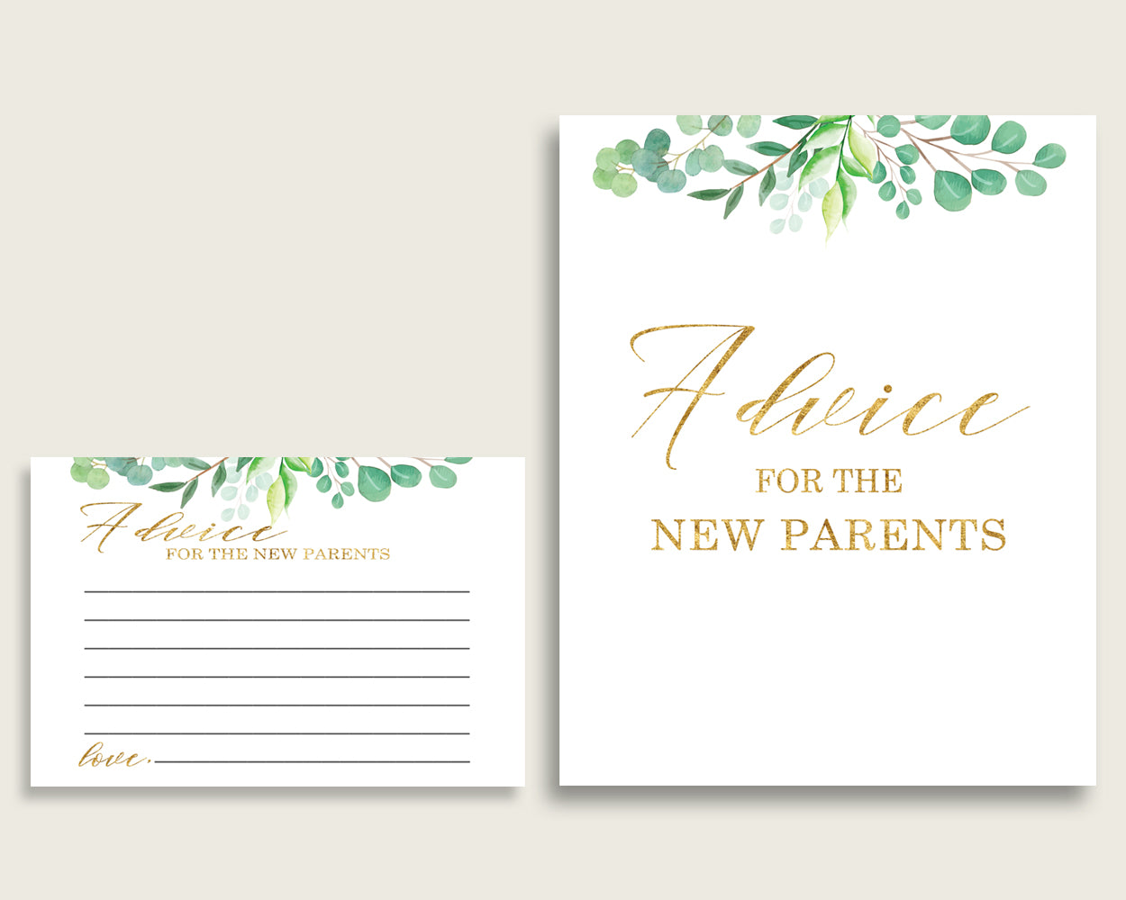 Greenery Advice For Mommy To Be Cards & Sign, Printable Baby Shower Green Gold Advice For New Parents, Instant Download, Most Popular Y8X33