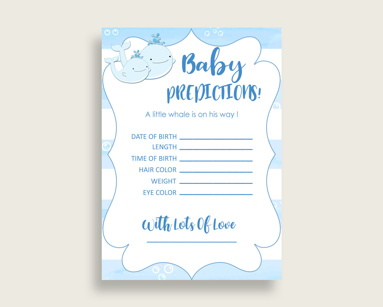 Whale Baby Shower Prediction Cards & Sign Printable, Blue White Baby Prediction Game Boy, Instant Download, Watercolor Stripes Summer wbl01