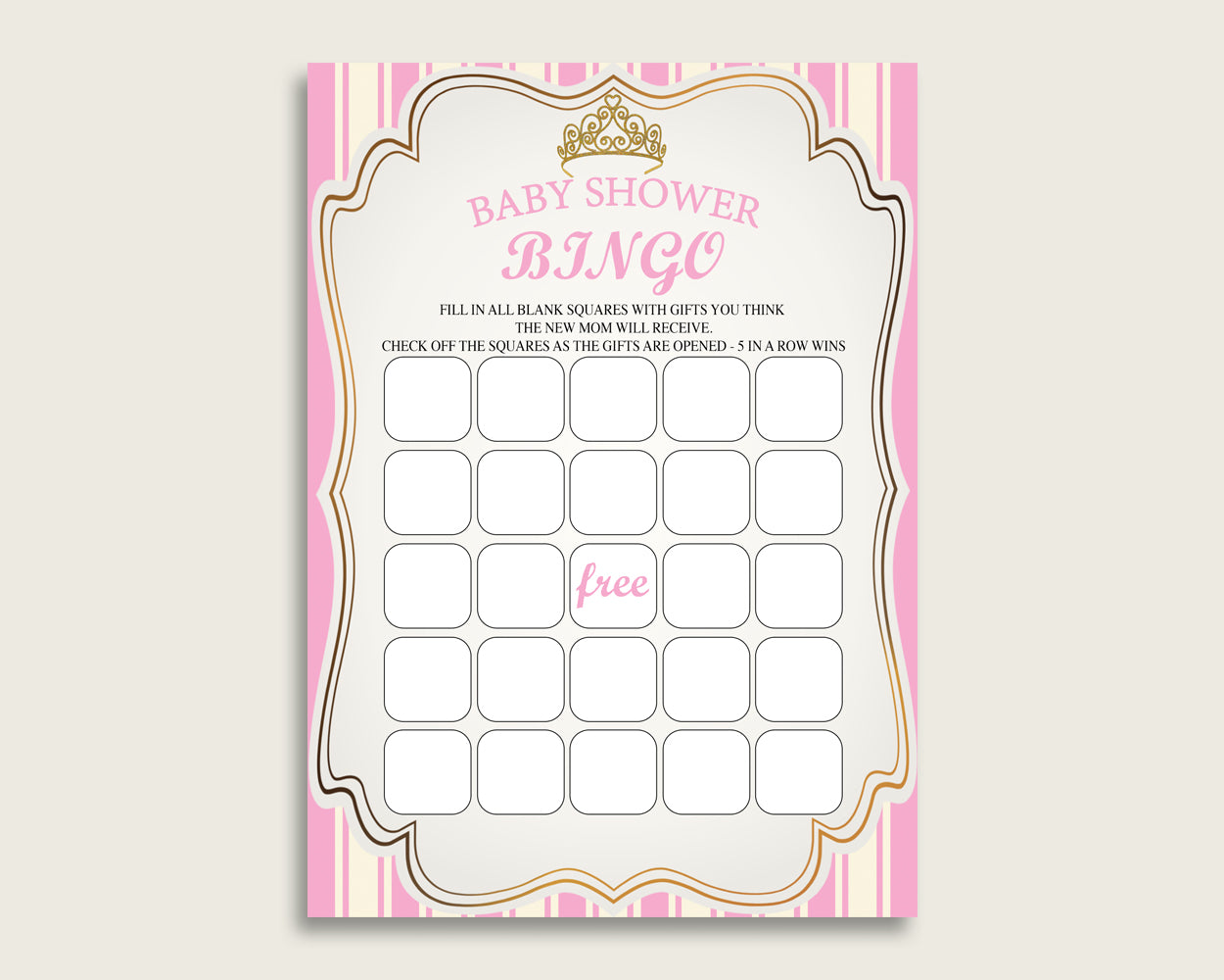 Pink Gold Baby Shower Bingo Blank Game Printable, Royal Princess Baby Shower Girl Bingo Blank Cards, Bingo Gift Opening Game, rp002