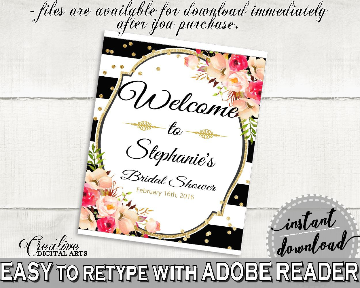 Bridal Shower Welcome Sign Editable in Flower Bouquet Black Stripes Bridal Shower Black And Gold Theme, editable door sign, prints - QMK20 - Digital Product