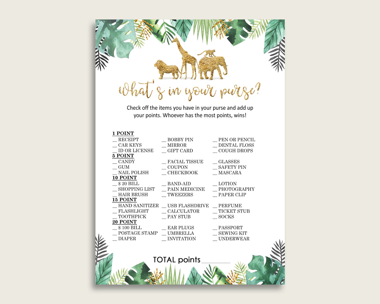 Jungle What's In Your Purse Game Printable, Gold Green Whats In Your Purse, Gender Neutral Baby Shower Purse Game, Instant Download, EJRED