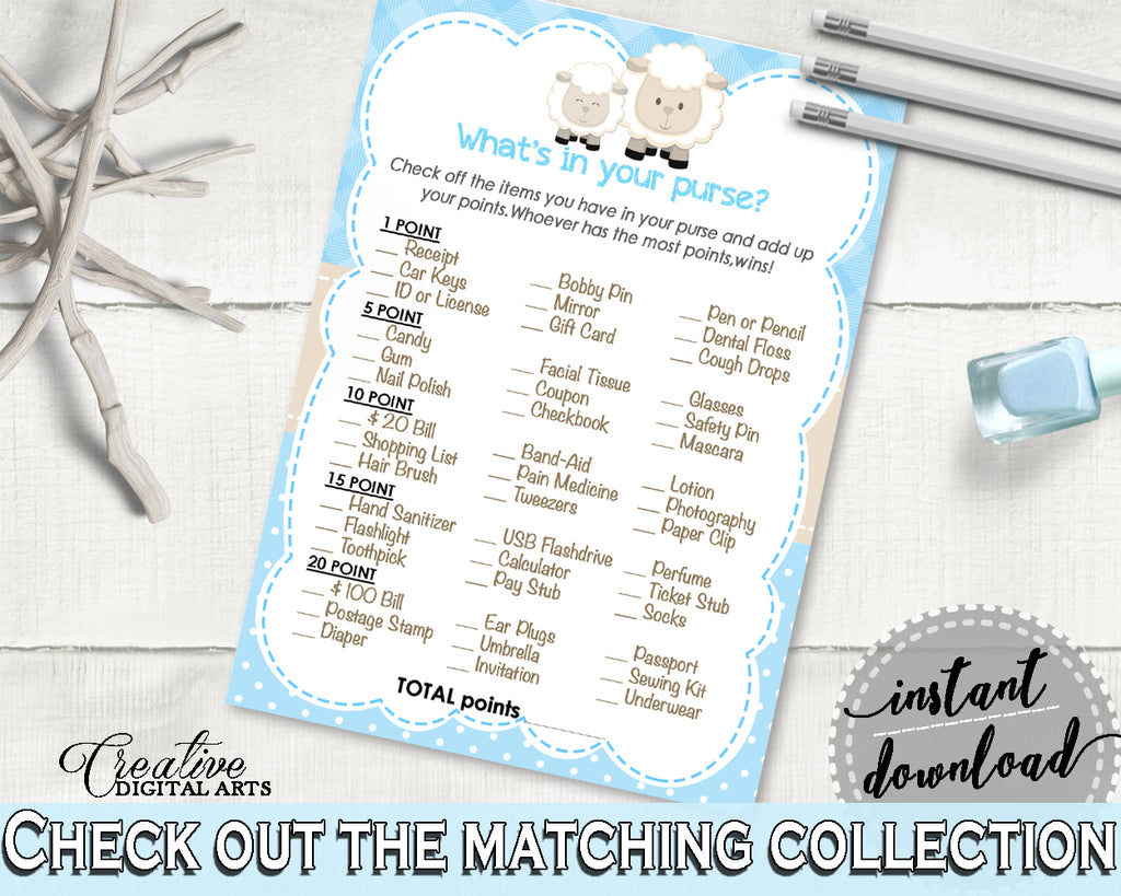 Little Lamb WHAT'S In YOUR PURSE blue baby shower boy game printable, sheep shower theme, digital files Jpg Pdf, instant download - fa001