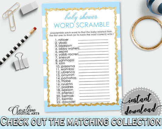 WORD SCRAMBLE printable baby shower game with blue and white stripes theme, gold glitter, digital files jpg pdf, instant download - bs002